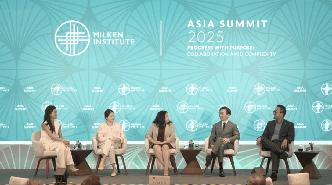Wen Ting Geok, Head of Private Equity, Asia, at Mercer Alternatives; Geeta Kapadia, vice president and chief investment officer at Fordham University; Yup Kim, CIO at Texas Municipal Retirement System; Hazman Hilmi Sallahuddin, chief investment officer at Malaysian pension Kumpulan Wang Persaraan at Milken Institute Asia Summit 2025.